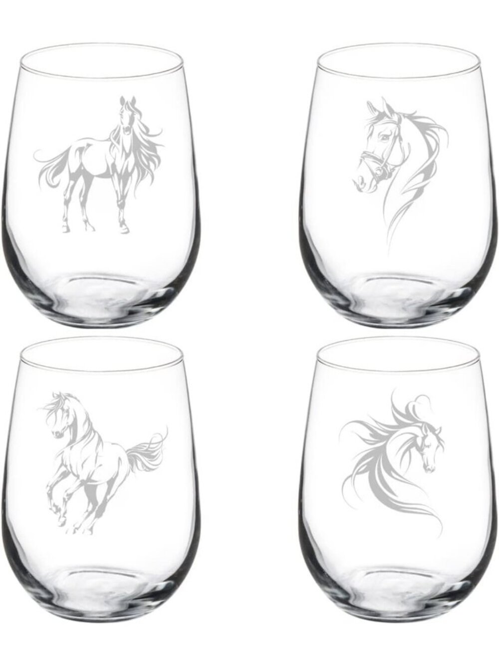 Elegant Stemless Wine Glass Set - 4 Fancy Horse Design, 17 oz Gift Collection